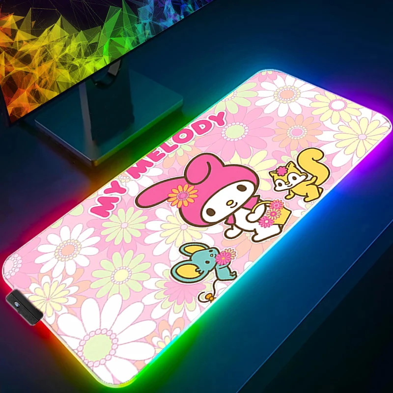 Cute Mouse Pad M-my Melody RGB Mouse Pad Game Rubber Backlight Pc Keyboard Laptop Computer Speed LED Desk Mat Gaming Mousepads