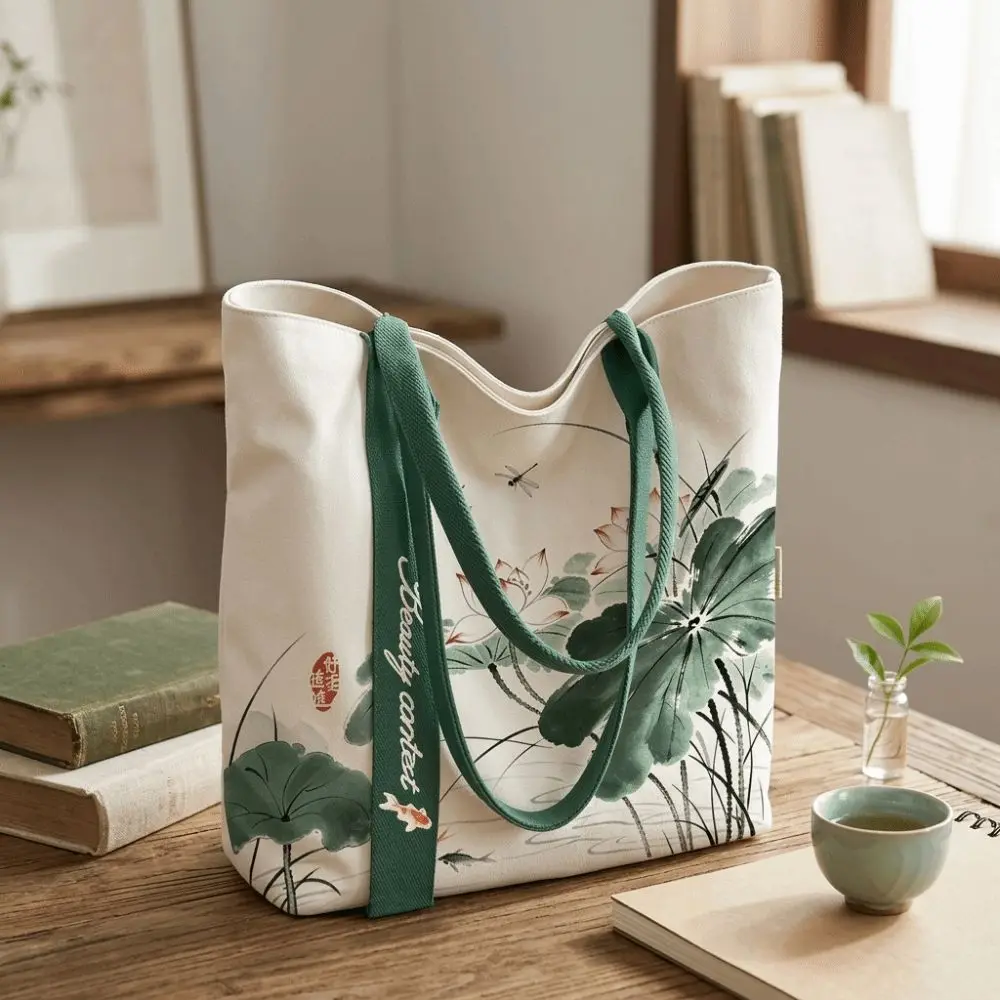 Durable Chinese Ink Wash Print Canvas Bag Large Capacity Reusable Shoulder Bag Lightweight Tote Bag Daily