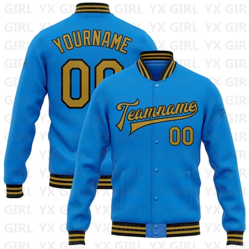 Custom Electric Blue Old Gold-Black Bomber Full-Snap Varsity Letterman Jacket 3D Printed Baseball Button Jacket