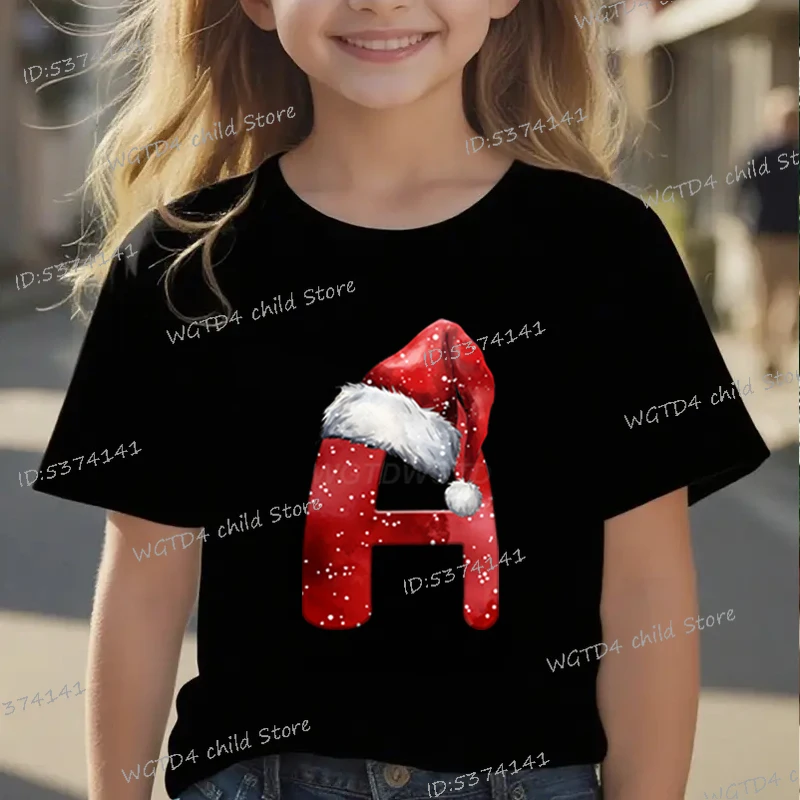 الفتيات الفتيان عيد الميلاد 26 الأبجدية سانتا قبعة تي شيرت مطبوع خطابات ABC D لينة القطن تي شيرت احتفالي الاطفال عيد الميلاد الملابس #2