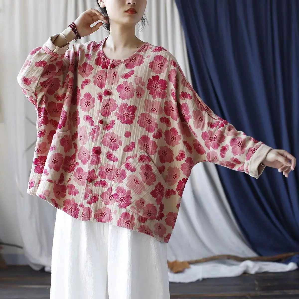 Abrigo holgado de algodón y lino con alas de murciélago Sve irt, ropa de abrigo étnica Vintage china Sle para mujer, abrigo largo con estampado dulce