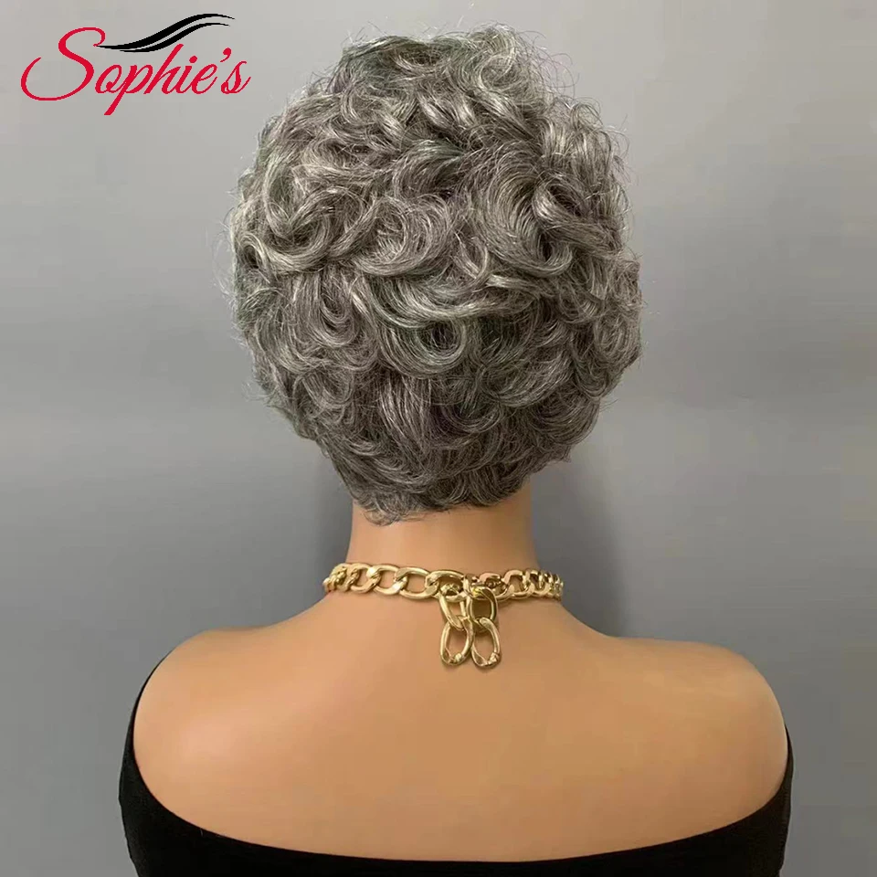 Sophies Gray  Color Human Hair Wigs Short Curly Wig Full Machine Made Wigs 180% Density Brazilian Hair Remy Hair For Women