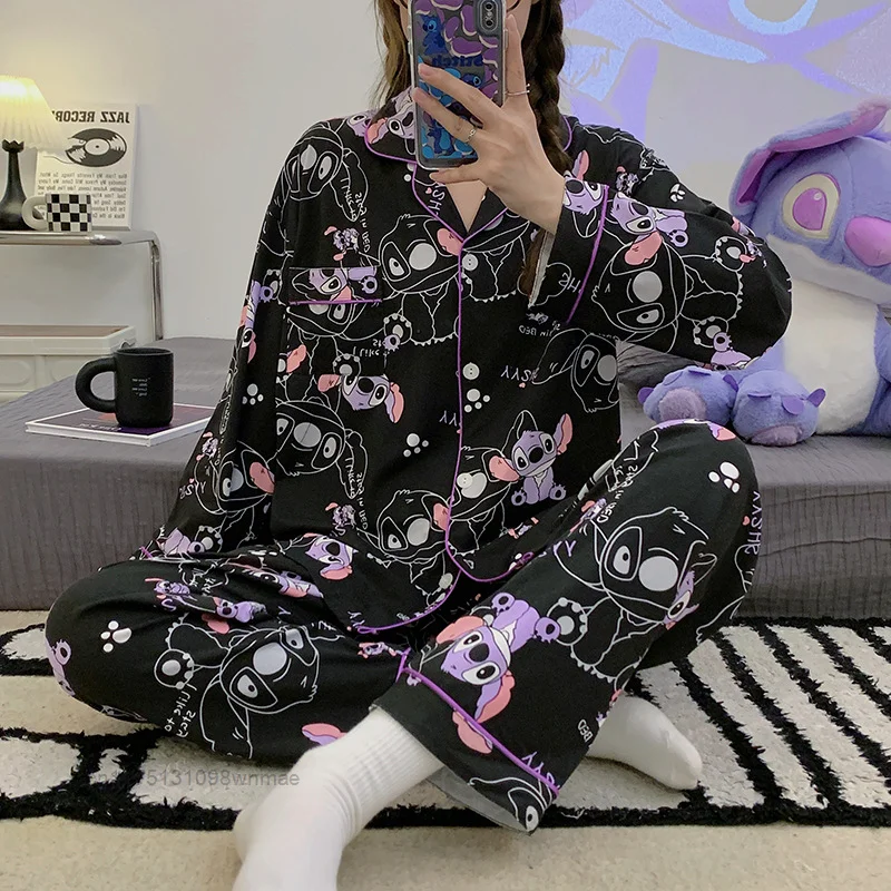 Disney Stitch Cartoon 2 Pcs Pajamas Sets for Women In Spring And Autumn, Long Sleeved And Sweet Pjs for Students Homewear Suit