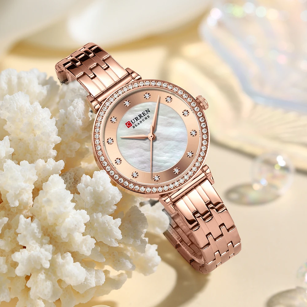 CURREN Luxury Ladies Watch 32mm Slim Dial with Shining Rhinestones Stainess Steel Band Lightweight Elegant Dressy Gift