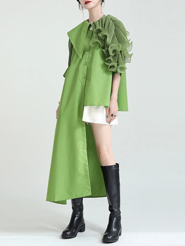 [EAM] Women Green Pleated Irregular Long Blouse New Lapel Half Sleeve Loose Fit Shirt Fashion Tide Spring Summer 2024 1DD9304