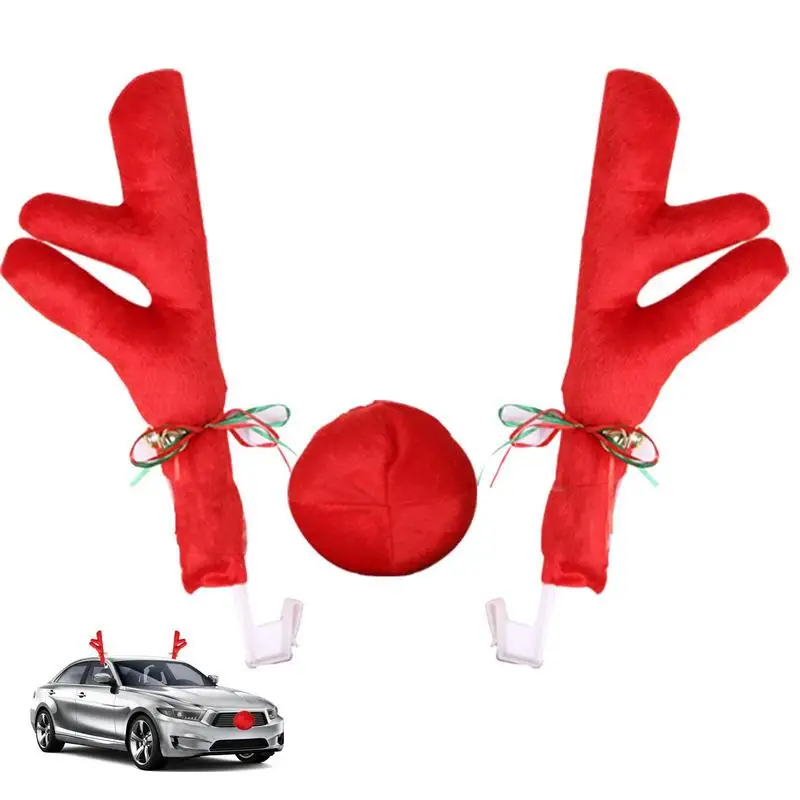 Christmas Costume Auto Ornaments Set Elk Rudolph Antler Car Reindeer Red Nose Decor Deer Horn Car Exterior Decoration