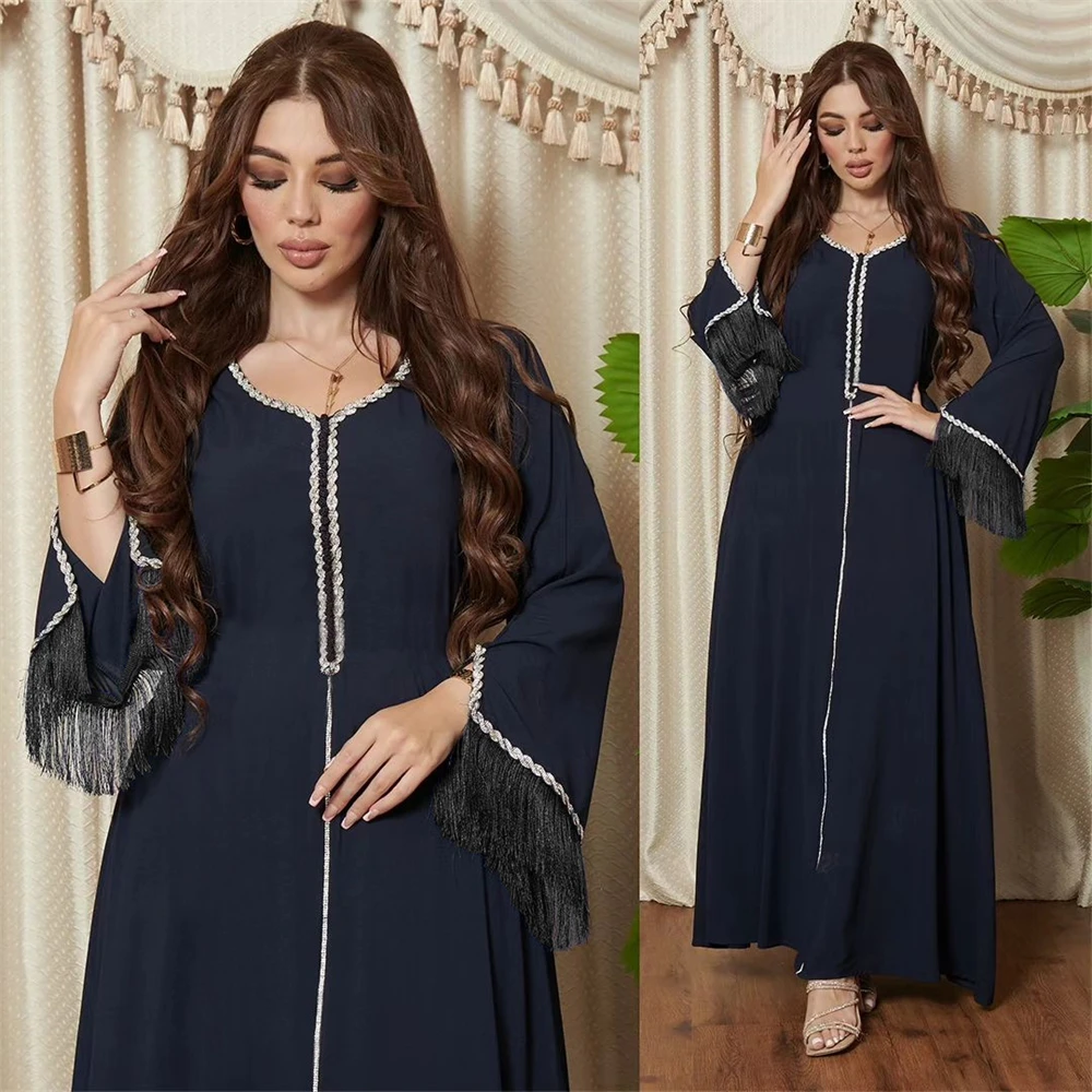 

Muslim Diamond Dress Fashion Tassel Robe Dubai Saudi Women Party Dresses Eid Dress