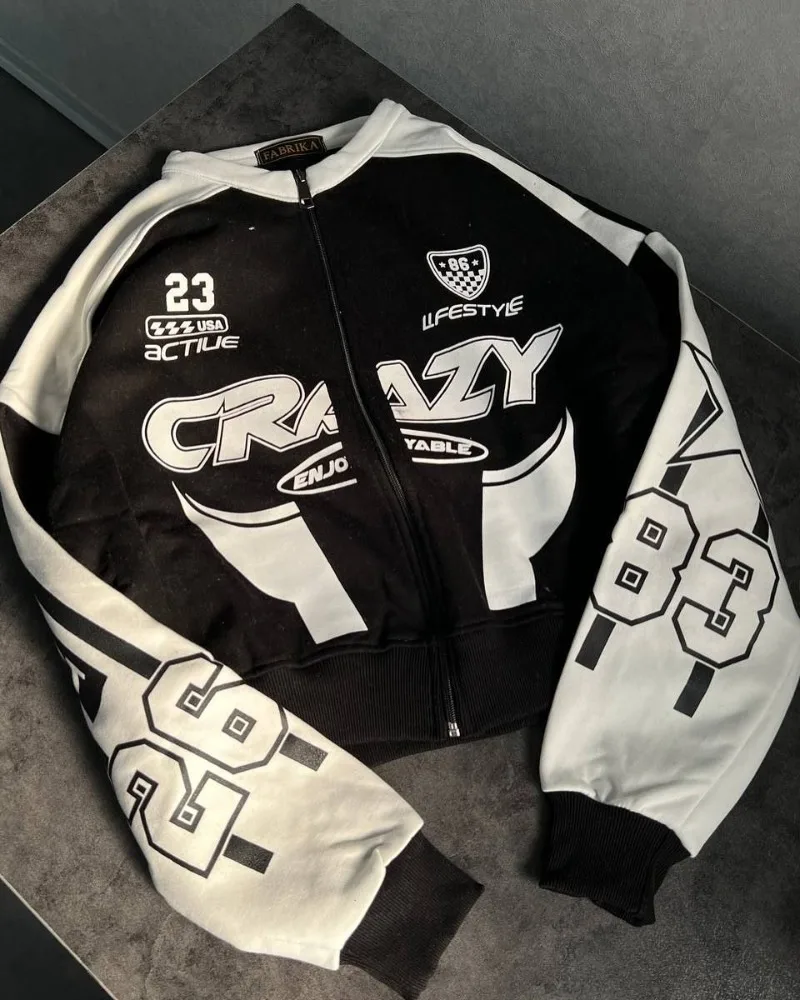 American Street Impiombato ​ ​ Giacca con cerniera senza colletto stampato casual oversize top slim retrò hip-hop cappotti di marca di moda da donna