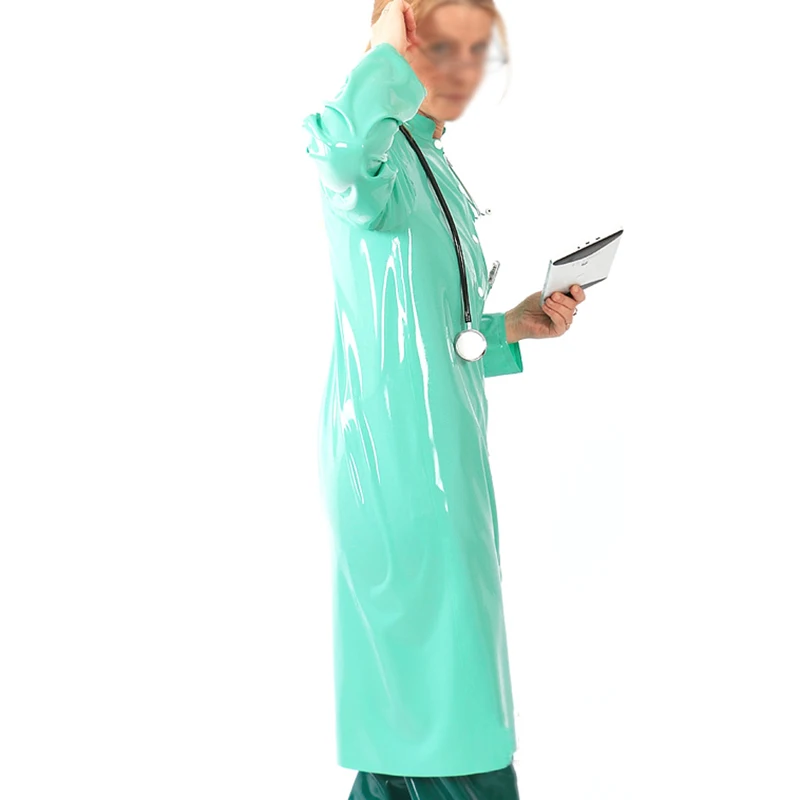 Jade Green Sexy Latex Uniform With Pockets Front Buttons Rubber Coat Robe Jackets YF-0413