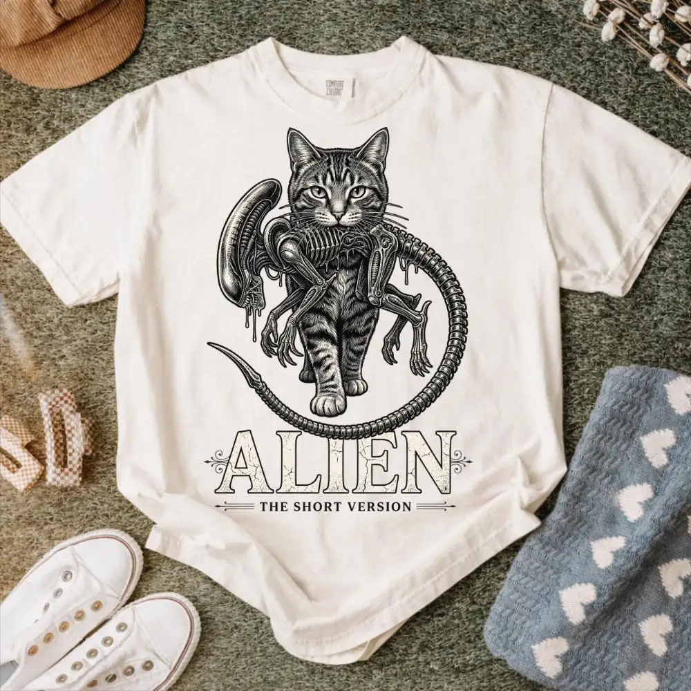 Alien-Katzen-T-Shirt, lustiges Sci-Fi-Horrorfilm-Parodie-T-Shirt für Frauen, neues Unisex-T-Shirt für den Sommer – Detail 7