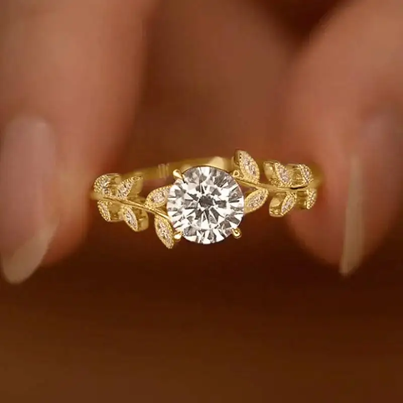 Huitan Ring im frischen Stil für Damen, Blatt-Design, elegant, mit hellem CZ, Hochzeit, Damen-Accessoires, modisch, täglich, charmant, Schmuck, Geschenk