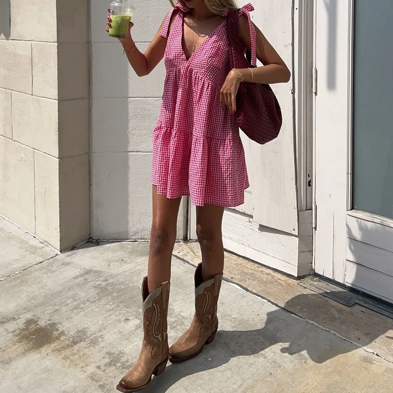 Abito estivo da donna senza maniche con stampa scozzese casual, cinturino con scollo a V profondo, clubwear, vestibilità ampia, abito corto a trapezio