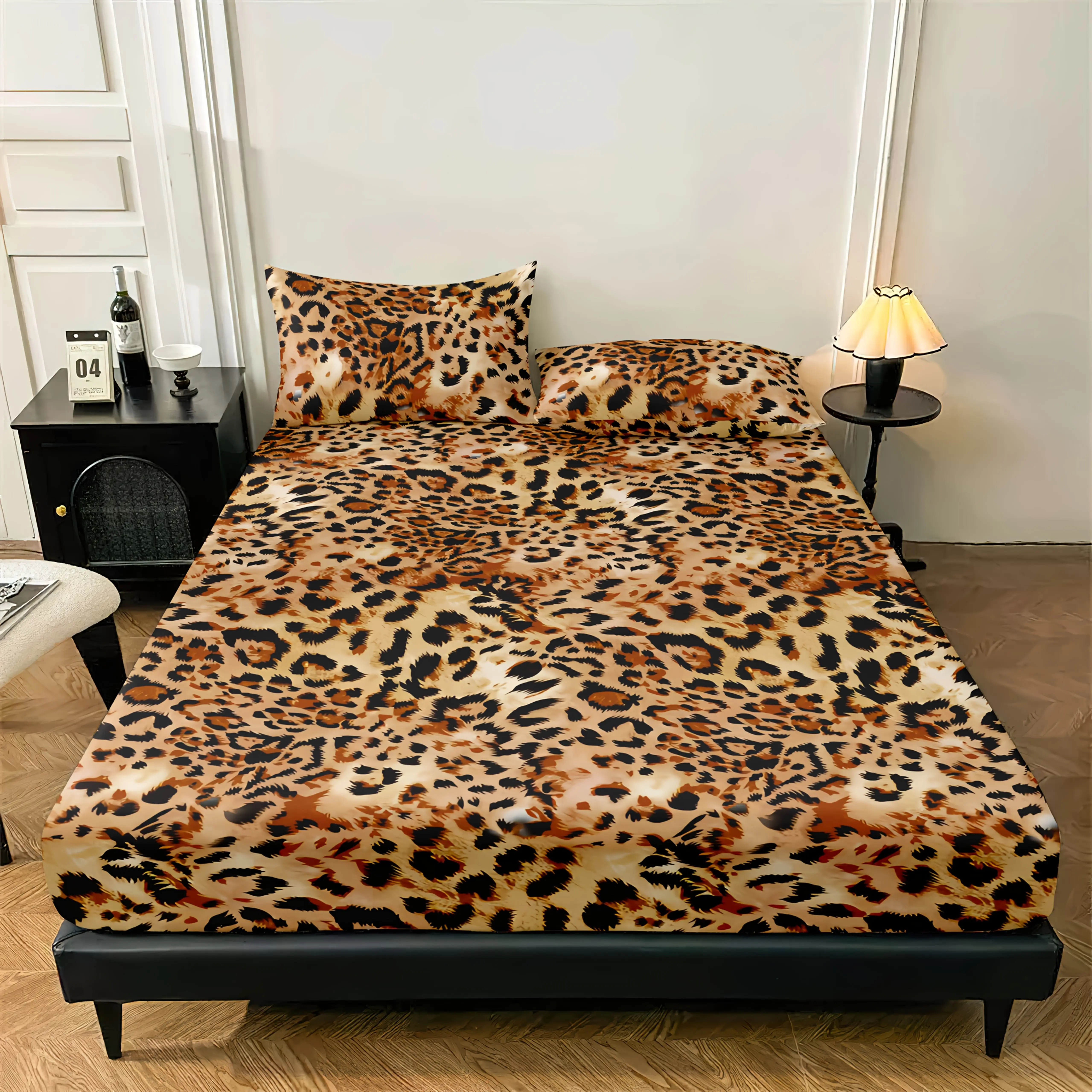 Leopard Print Fitted Sheet Set All-season Mattress Protector Soft Deep Pocket Breathable Bedding 1 Fitted Sheet + 2 Pillowcases