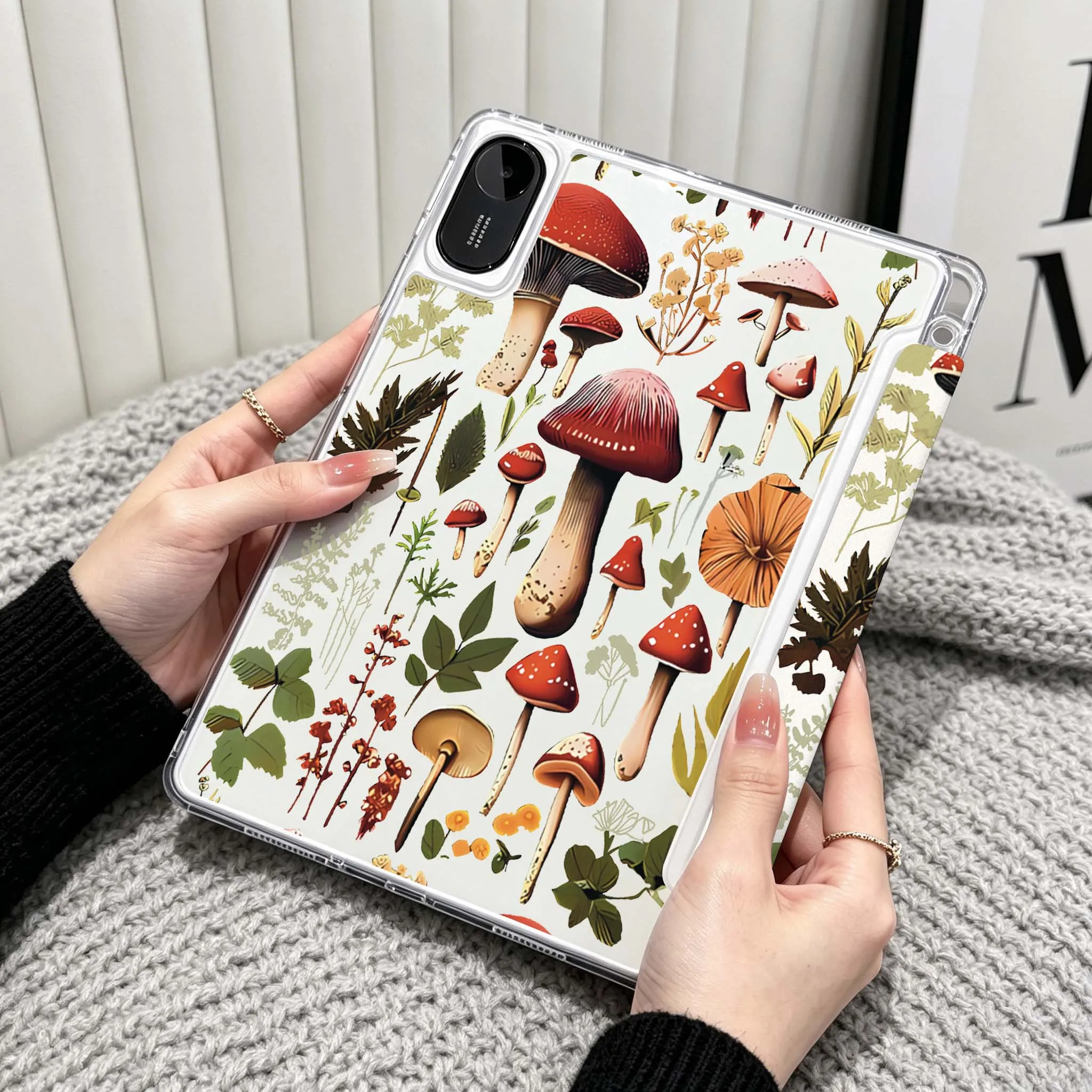 Mushroom Pattern Design Case For Xiaomi Redmi Poco Pad 5 6 7 8 Pro SE 11 11.2 12.1 Inch Transparent Y-Shaped Folding Tablet