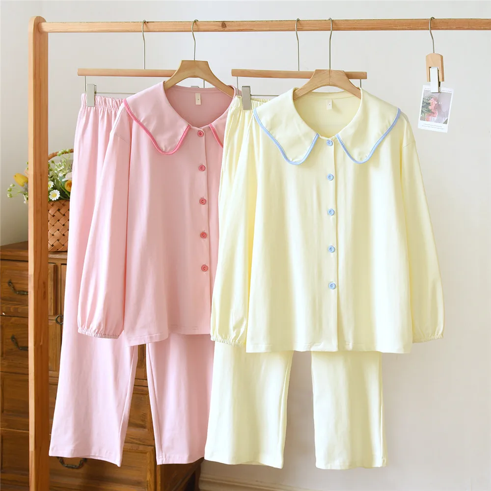 

Spring Women Cotton Doll Collar Shirt Pants Pajamas Sets Autumn Long Sleeve Fresh Soft Casual Buttoned Pajamas