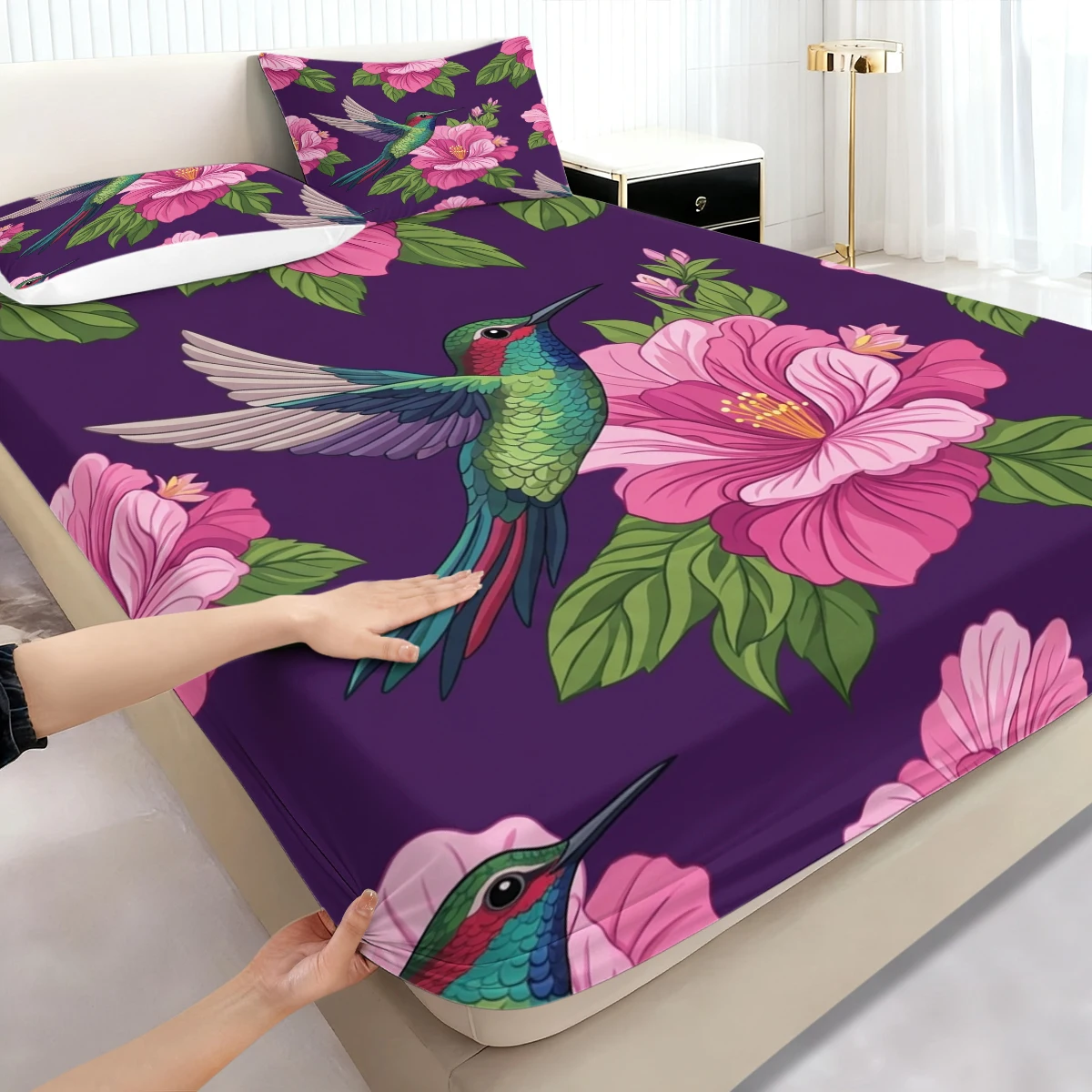 3PCS Purple Hummingbird Hibiscus Fitted Sheet Set, Elastic Mattress Cover with Pillowcases, Floral Bedding for Bedroom Decor