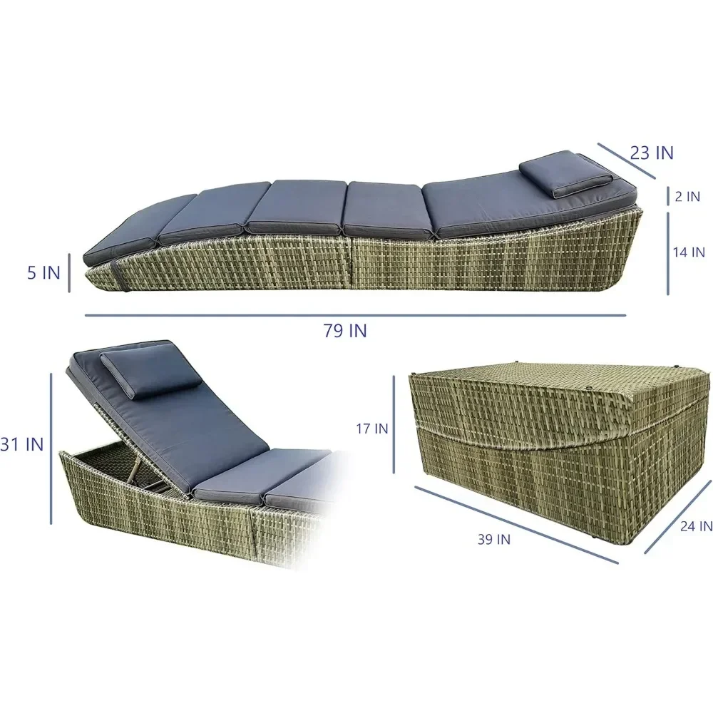 Recliner foldable wicker rattan, adjustable upholstered backrest pillow combination, brown - two-piece set