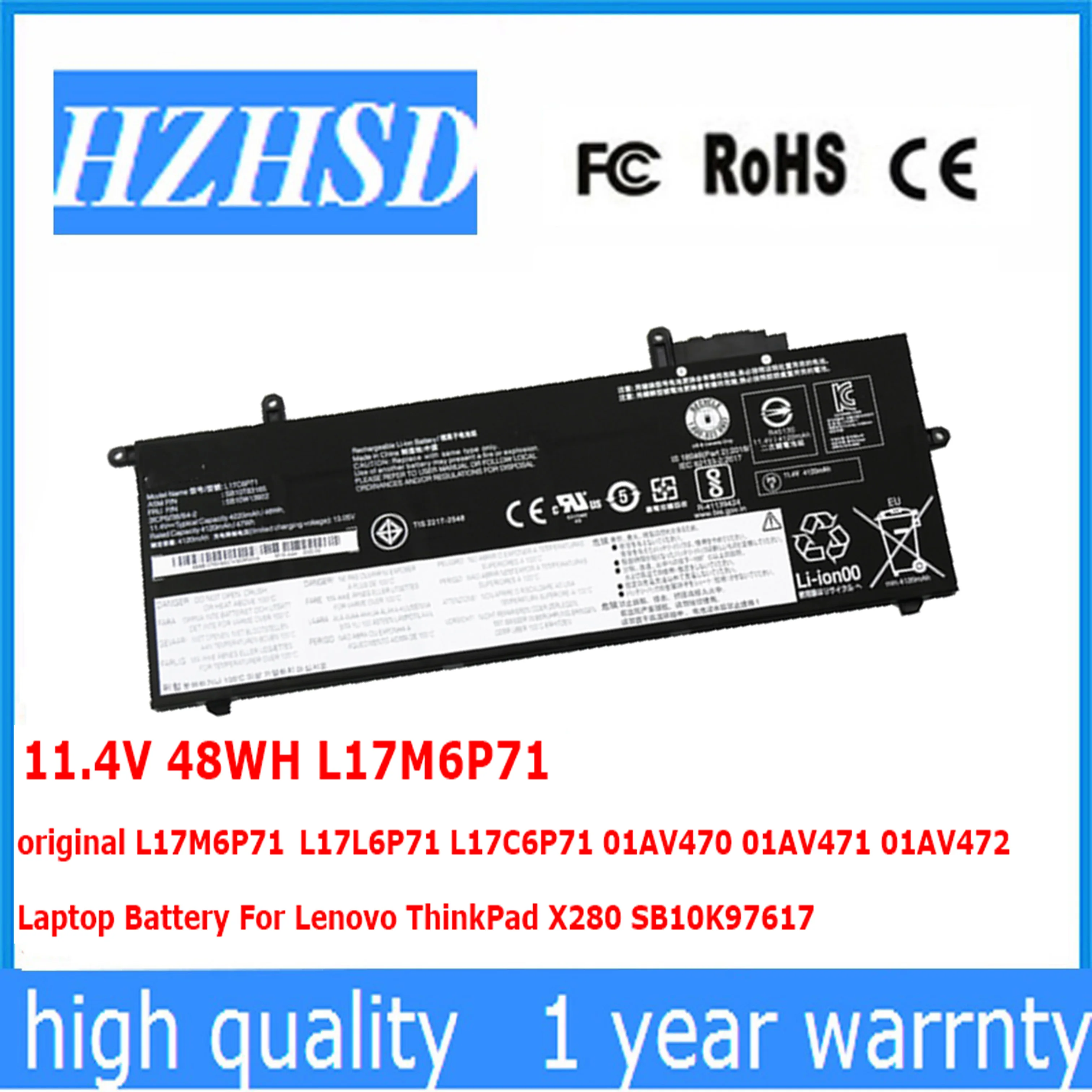 11.4V 48WH original L17M6P71 L17L6P71 L17C6P71 01AV470 01AV471 01AV472 Laptop Battery For Lenovo ThinkPad X280 SB10K97617