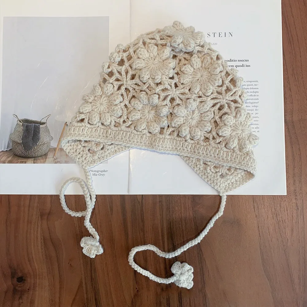 

Breathable Handmade Kids Knitted Hat Crochet Hollow Flower Skullies Hat Casual Bohemian Style Princess Cap for Child Girls