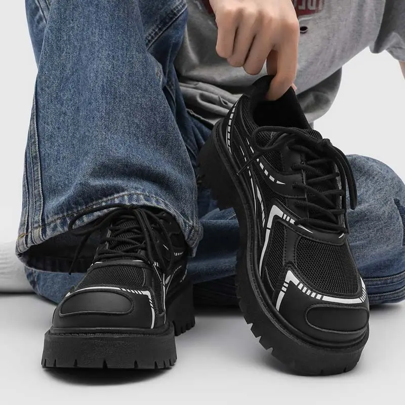Men 2026 New Summer Derby Shoes Lace Up Breathable Chunky Platform Height Increasing Low Top Casual Shoes