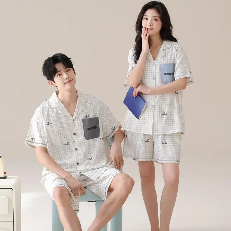 Cloud Cotton Collared Open Cardigan Couples Sleepwear Summer Outdoor Casual Home Clothes Set Women's Short Sleeve  Neck