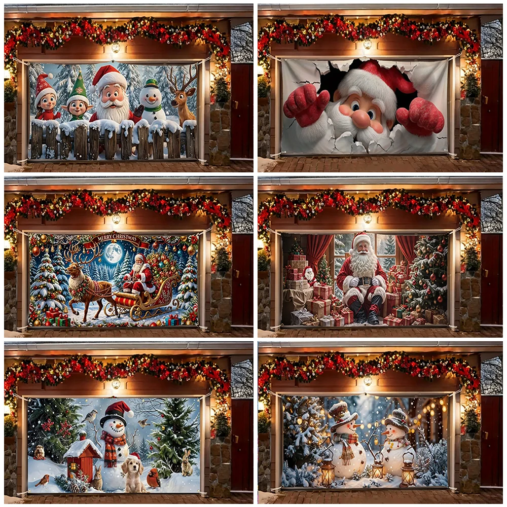 

4x1.8m Large Christmas Garage Door Cover Backdrop Cute Santa Claus Snowman Elk Winter SnowScene Party Decoration Wall Background