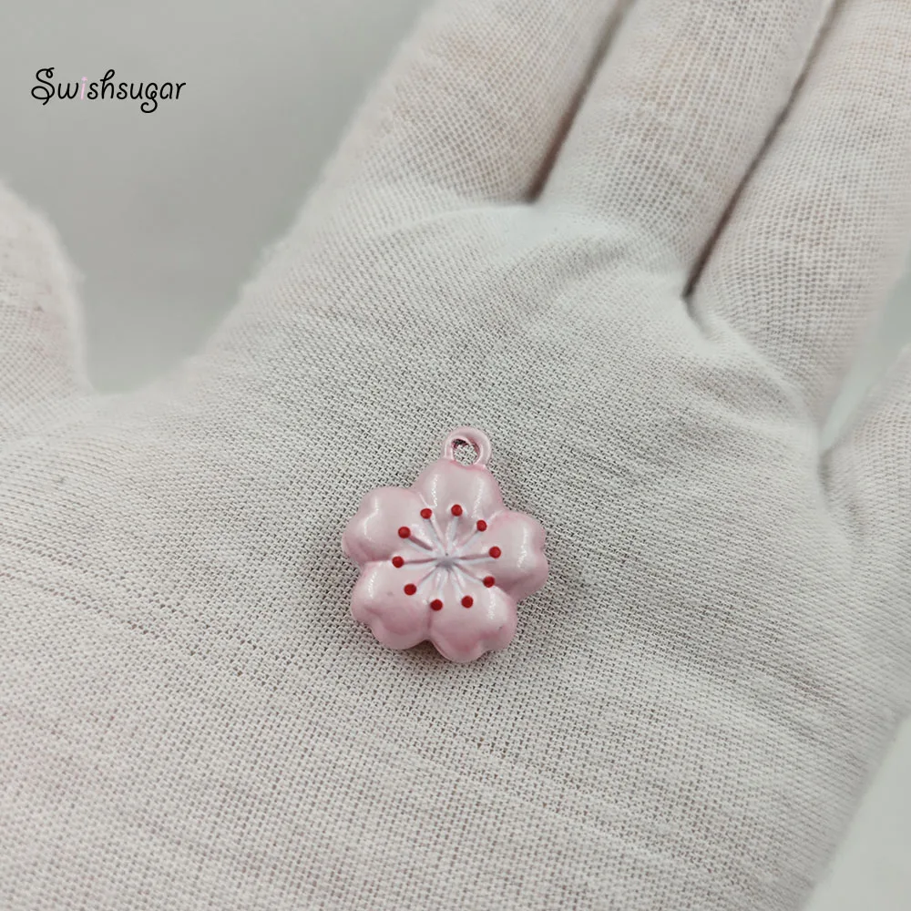2 Size Pinky Red White Sakura Flower Jingle Bell Metal Charms Pendant Bracelet Kids Girl Jewelry Accessories Decor