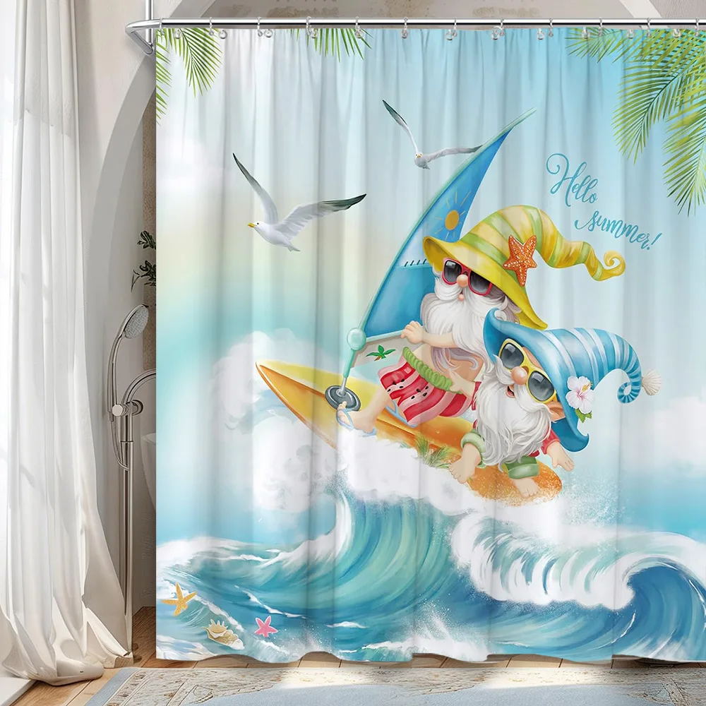 Ocean Waves Shower Curtain Genie Surf Starfish Cartoon Tropical Plant Landscape Seashells Home Fabric Bathroom Decor Curtain Set