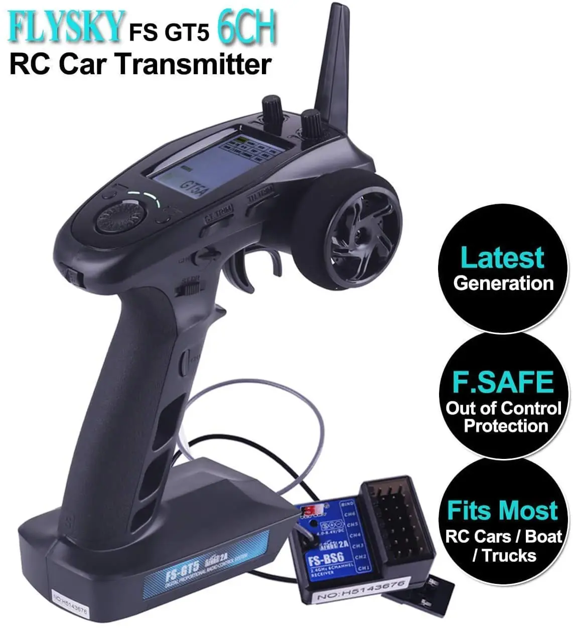 Flysky FS-GT5 6CH RC Transmitter with FS BS6 Receiver, 2.4Ghz AFHDS 2A Protocol Transmitter Can Store 20 Models for RC Car Boat