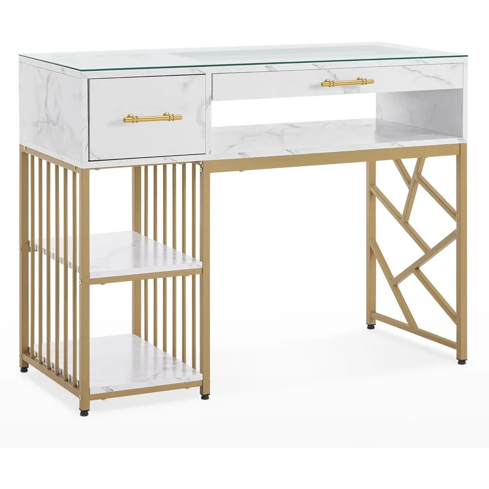 Modern Manicure Table with Drawers, Marbling Texture Nail Desk with Storage Shelves, Glass Top, Beauty Salon Nail Station