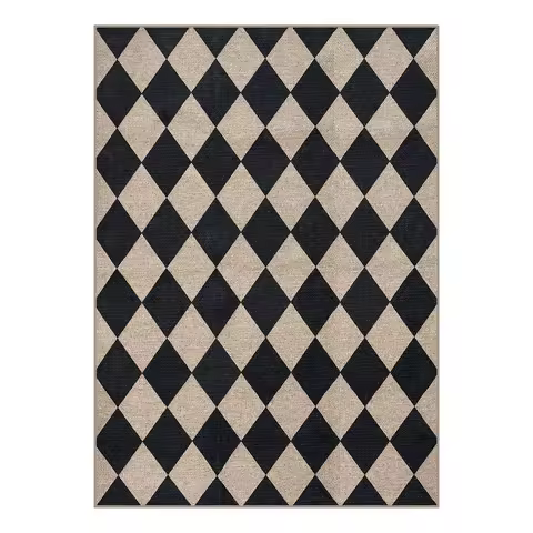 Geometric Checkered Easy Jute Black Indoor Outdoor Rug Soft Washable Non-Slip Area Rug Balcony Kitchen Coffee Table Floor Mat