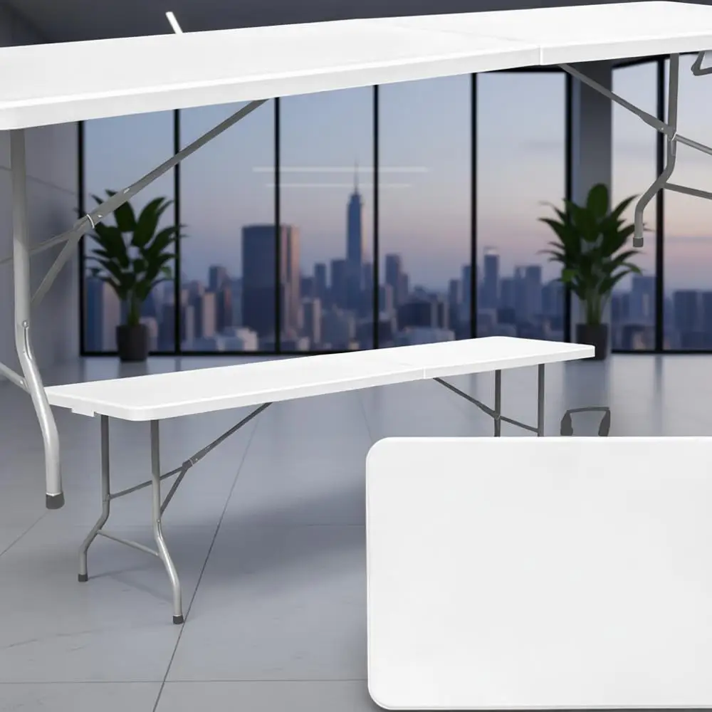 

Portable 8ft Folding Plastic Picnic Table, Heavy Duty Utility Table for Indoor & Outdoor Use, White, Ideal for Parties and Dinin