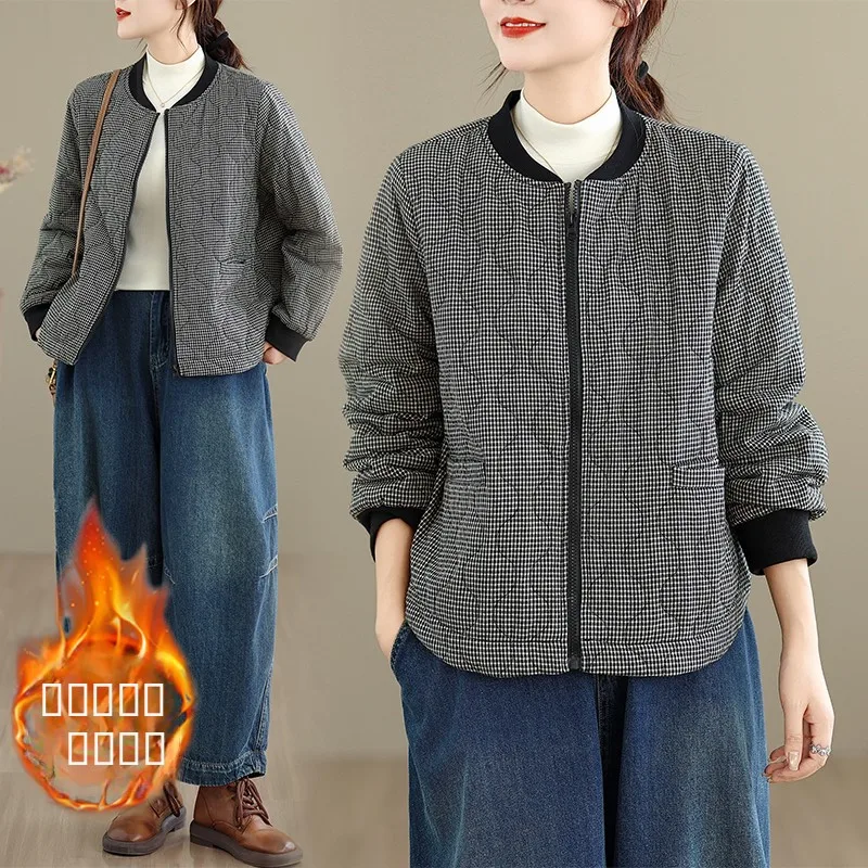 

Ретро-куртка в клетку из хлопка для женщин: теплая повседневная зимняя модная укороченная куртка-бомбер, универсальная, стройнящая фигуру