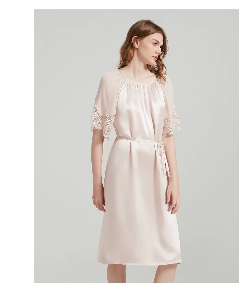 

Women's 100% Mulberry Silk Nightgown with Lace Cuffs | Georgette Panel Design, Tie Waist & Pullover Style Loungewear