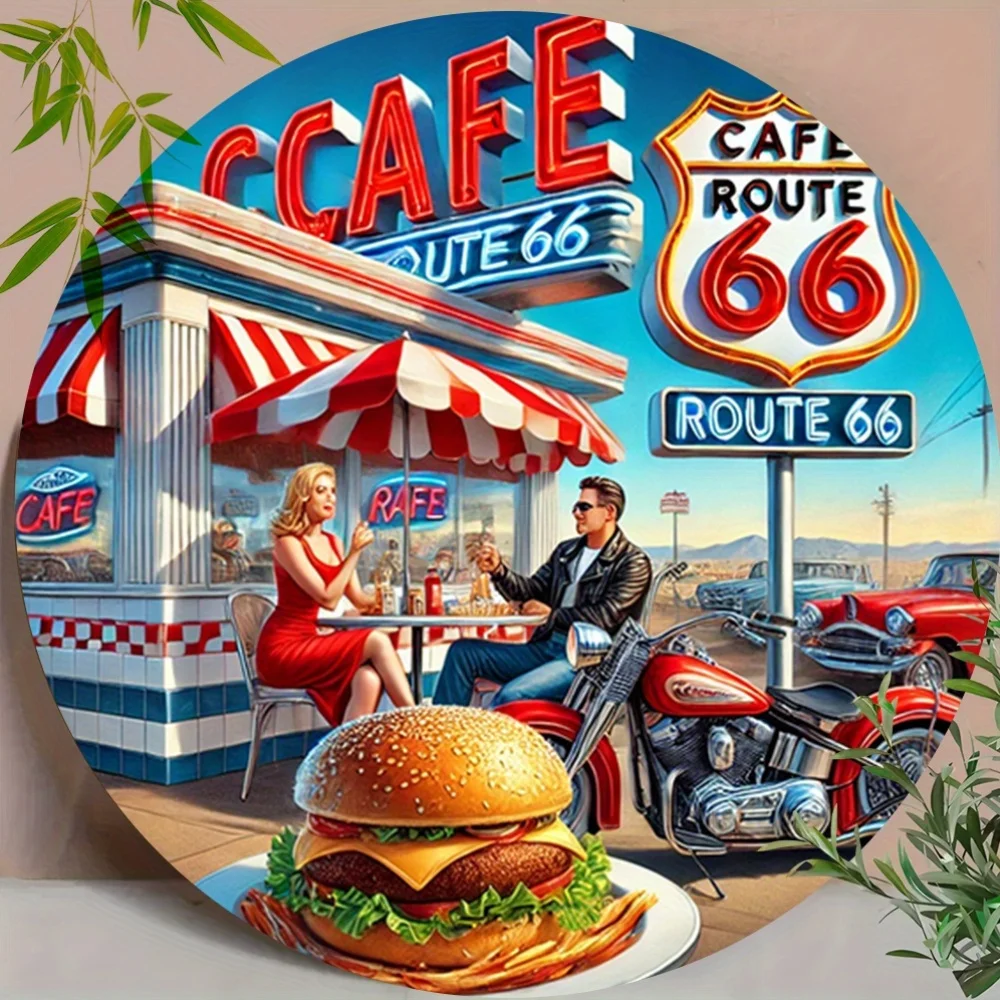Vintage Route 66 Metal Wall Art Plaque - Retro Diner & Classic Car Scene with Route 66 Sign, 8x8 Inch Round Aluminum Decorative
