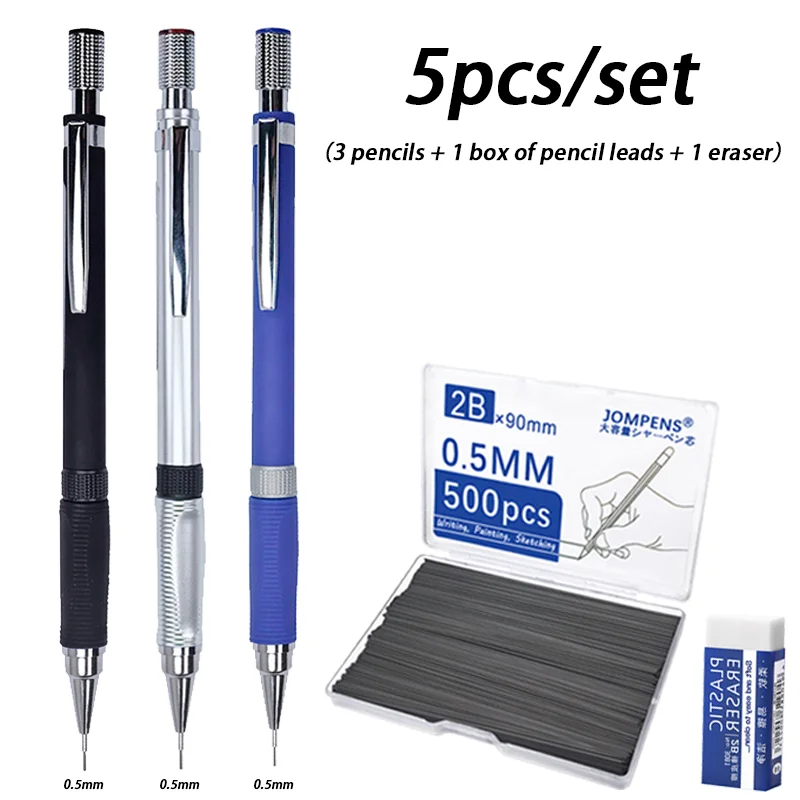 Automatische potloden van 0,5/0,7/2,0 mm, voorzien van grote HB- of 2B-stiftpatronen voor soepel schrijven, ideaal voor schetsen en tekenen op school.
