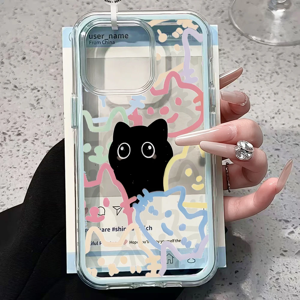 Niedliche Schwarze Katzen-Motiv Transparente Handyhülle für iPhone 11 12 13 14 15 16 17 Pro Max Plus Air Klare Stoßfeste Schutzhülle – Detail 3