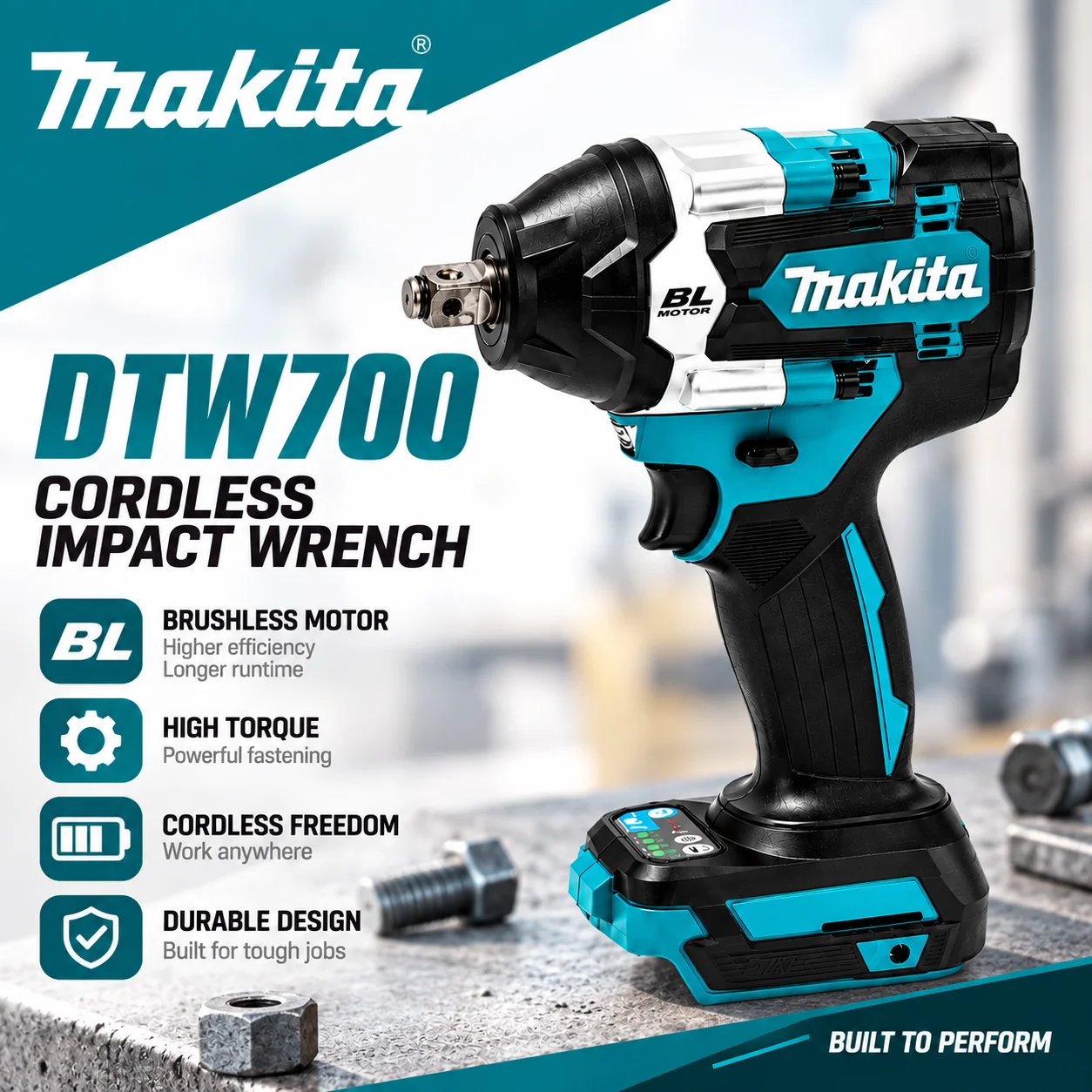 Für Makita DTW700 18V LXT bürstenloser 1/2" Schlagschrauber – Elektronische 4-stufige Drehmomentregelung: Soft 150 / Med 200 / Hard 320 / Max 700Nm, 0-2200 U/min, 0-2700 IPM, Auto-Stop, Twin LED, XPT,