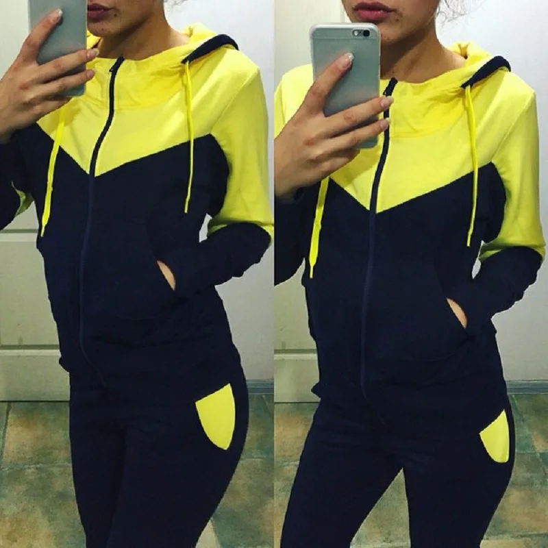 Fashion Trend Women\'s Clothing Splicing Casual Sports Hooded Color Matching Suit