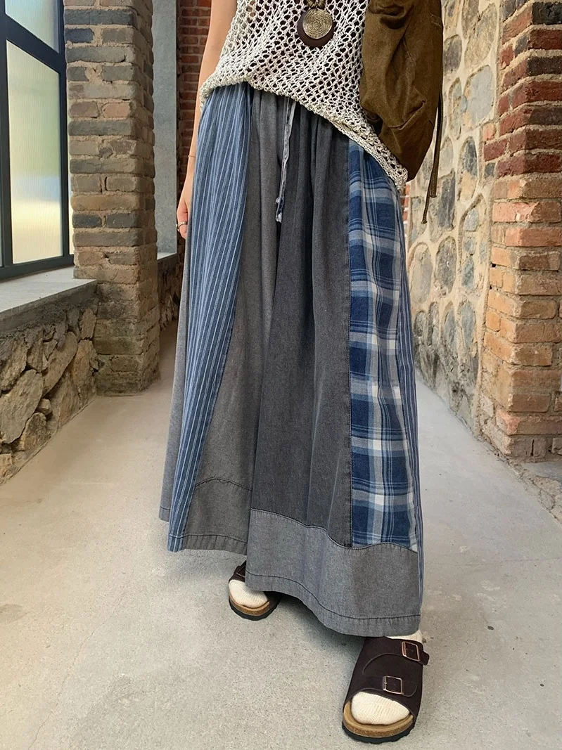 

Винтажные широкие брюки-палаццо в стиле пэчворк из комфортного хлопка, большие размеры, ретро-дизайн, универсальные, стройнящие, с эффектом юбки-брюк