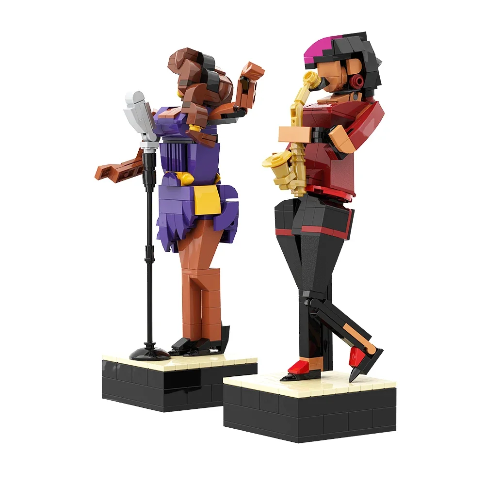 Gobricks MOC الأزرق الطوب الجاز نادي بنة مجموعة الفرقة عازف البوق المغني الموسيقية الأحمر الغيتار التعليم ألعاب مكعبات للأطفال هدية