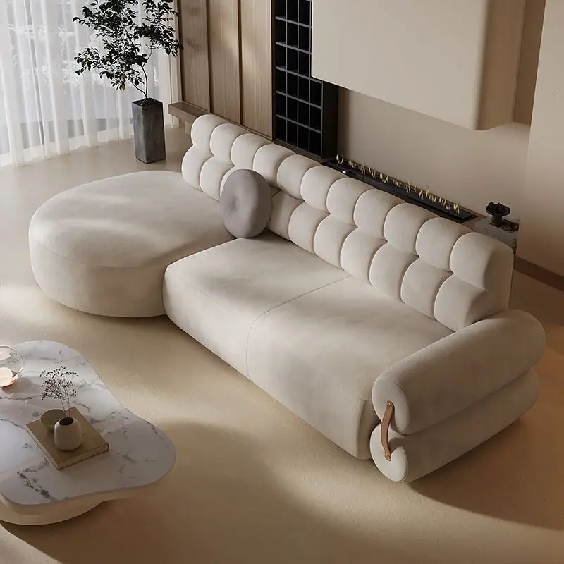 

French fabric sofa combination living room cream style, corner pull-up sofa