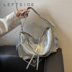 LEFTSIDE Large PU Leather Shoulder Bag Lady Handbags and Purses Women 2024 Y2K Korean Fashion Silver Chain Crossbody Bag