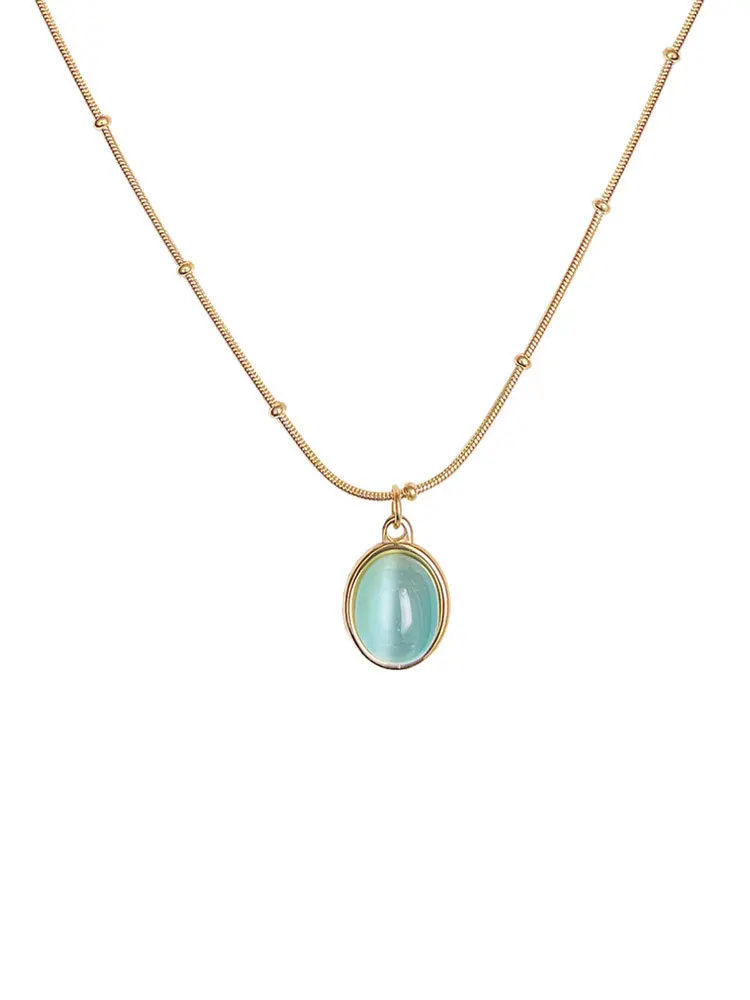 316L Stainless Steel New Fashion Fine Jewelry Oval Sea Blue Opal Beaded Charms Snake Chain Choker Necklaces & Pendants For Women