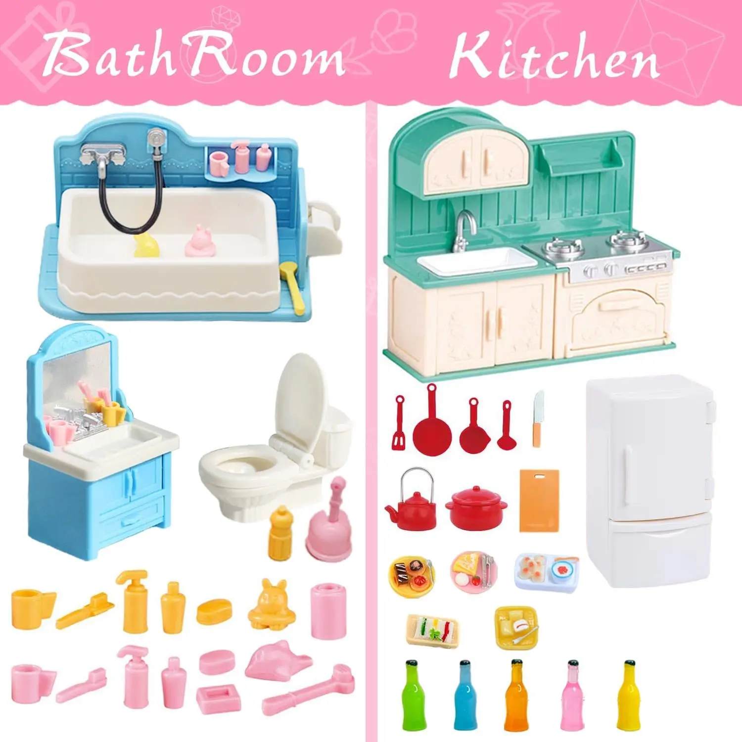Dollhouse Furniture Mini Doll House Furniture Accessories Set Kitchen & Bathroom Toy Educational Pretend Play Toys for Toddler