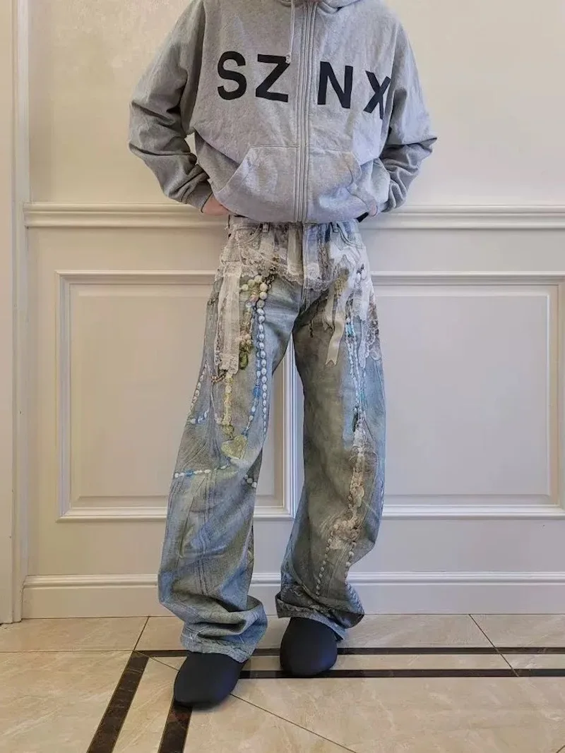 

MIJKO кружевные жемчужные цепочки с принтом 1981 м джинсы Scimitar брюки мужские и женские удобные модные ретро-стили ZJ116