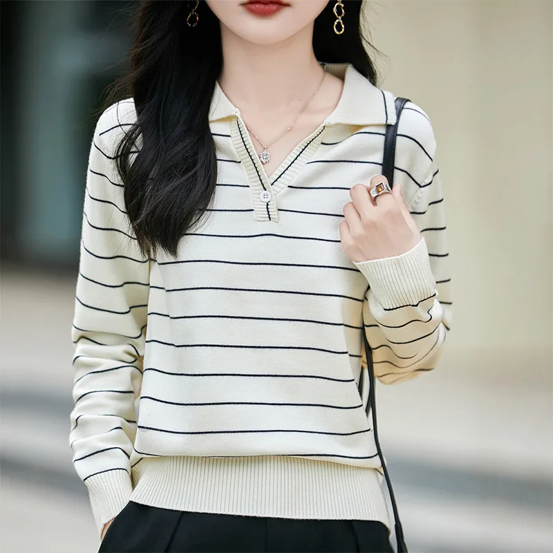 

Женские пуловеры с воротником-поло и длинными рукавами, полосатый вязаный свитер, осень-зима, теплые рубашки, корейские модные джемперы