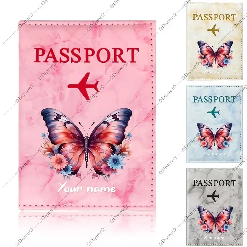 Custom Name Red And Purple Butterfly Floral Illustration Passport Holder, Symmetrical Design of Butterflies And Floral Elements