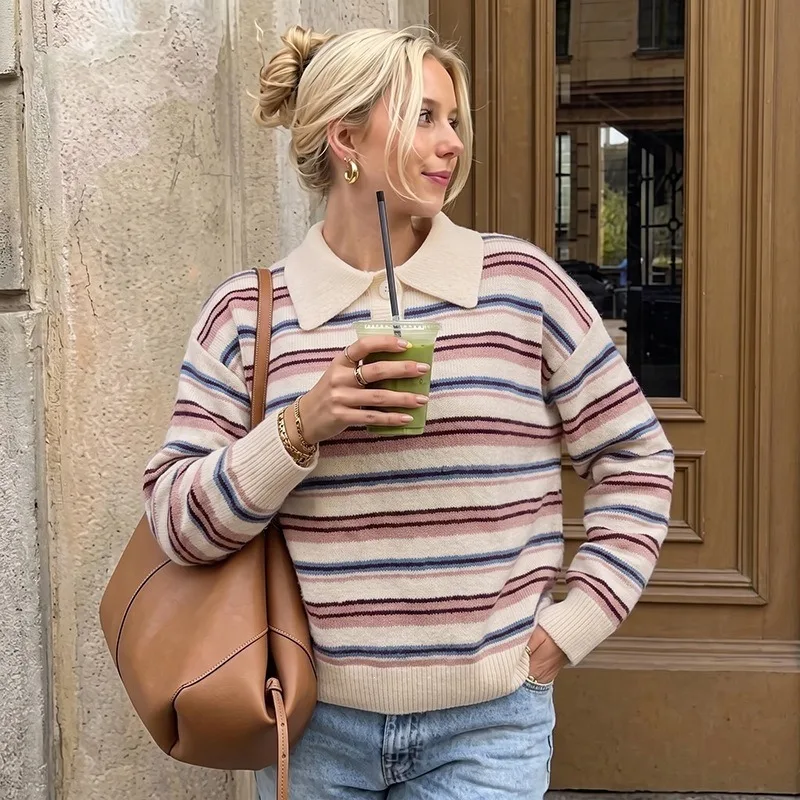 FRAYA LAB Women Striped Polo Collar Sweater 2026 Fall Winter New Colorful Striped Lapel Long Sleeve Knit Top Relaxed Chic Trendy