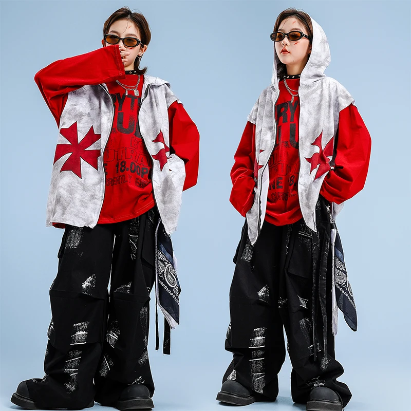 Jungen Hip Hop Top Kostüm Mädchen K-pop Coole Graffiti Mit Kapuze Weste Street Dance Cargo Hosen Kinder Teenager Streetwear kind Kleidung Sets
